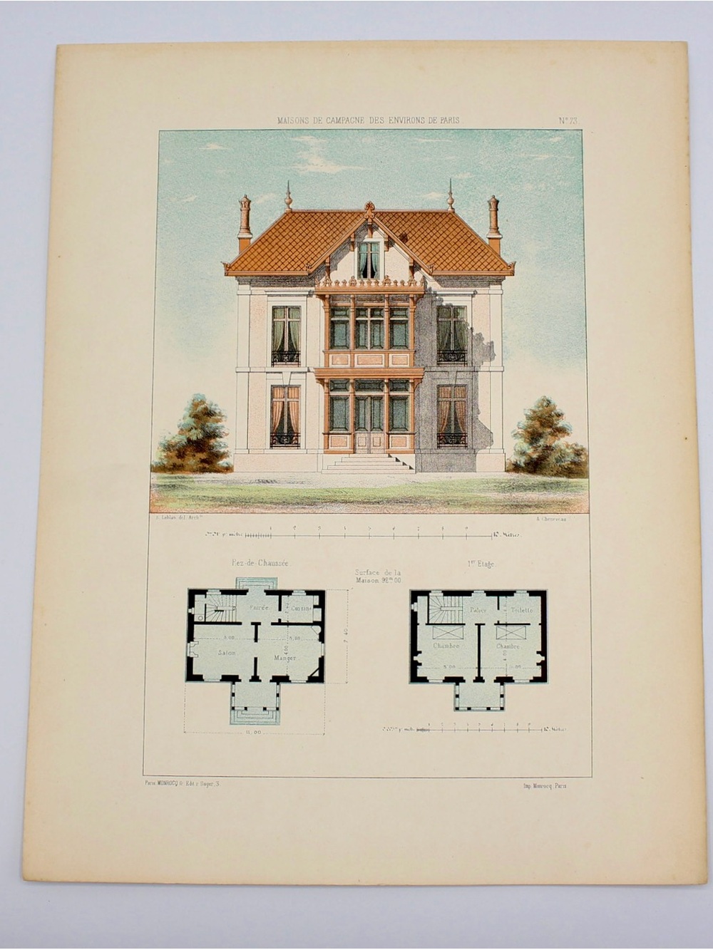 19th Century French Architectural Handcolored Lithograph Print Victor Petit